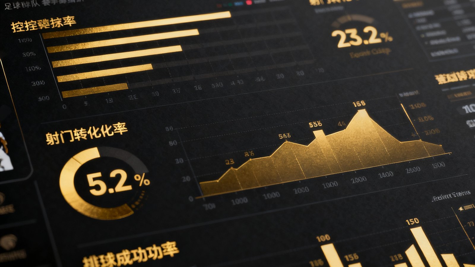 开云体育数据统计面板，展示了一支足球队在赛季中的详细数据图表，包括控球率、射门转化率、传球成功率等多项关键指标的可视化展示，配色采用深色背景配金色数据高亮