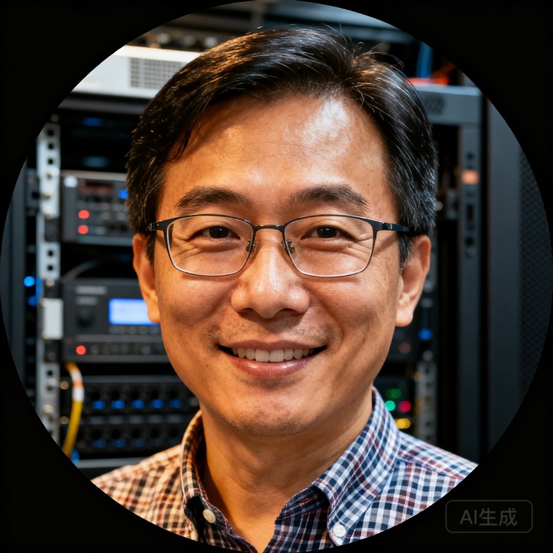 开云体育CTO李明辉的圆形头像，一位38岁的男性技术专家，戴眼镜，穿着格子衬衫，背景是服务器机房，面带微笑看着镜头