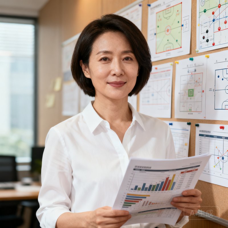 开云体育内容总监陈雨桐的圆形头像，一位35岁的女性，短发干练，穿着白色衬衫，手中拿着一份赛事数据分析报告，背景是贴满战术图板的办公室墙面